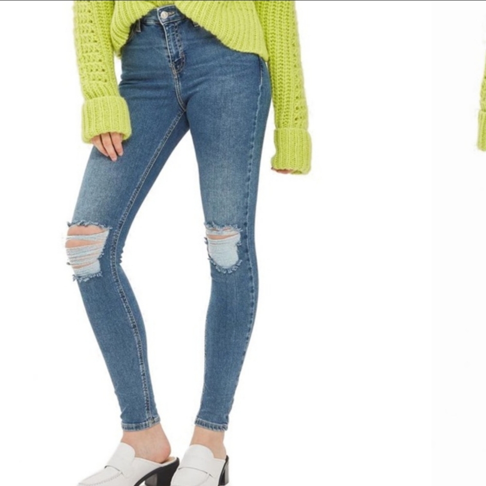 Topshop Ripped Ankle Skinny Jeans in Medium Blue